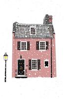 Pink house building with window under the snowfall vector