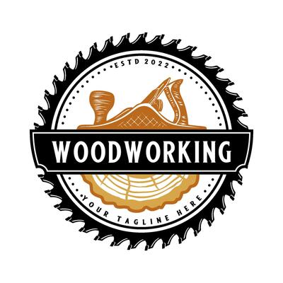 carpentry logo. carpentry tools, with illustration of hand plane and saw blade, emblem shape, badge, in vintage style for carpenter