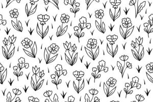 Outline seamless floral pattern with hand drawn flowers. Line art seamless black and white floral pattern. Endless repeating minimalistic abstract design. vector