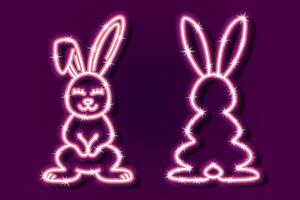 Neon bunnies front and backside. Glowing pink neon rabbits shining in a dark. Bunny neon bulb vector linear design.