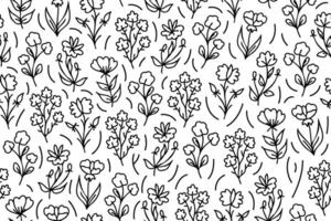 Outline seamless floral pattern with hand drawn flowers. Line art seamless black and white floral pattern. Endless repeating minimalistic abstract design. vector