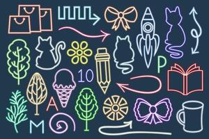 Collection of isolated icons in neon style. Bright signboard, vector glowing light signs. Shining neon icons as arrows, cats, trees, bows, flowers and other objects.