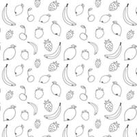 Vector pattern of fruits and berries, fruits and berries in doodle style, black and white pattern,  seamless vector pattern