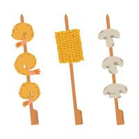 Set of yakitori with different skewers, skewers with mushrooms, shrimp and corn vector