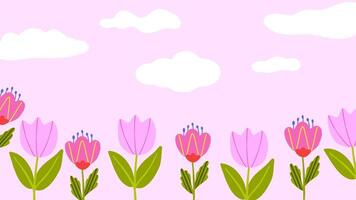 Botanical drawing kids landscape with pink tulips, sky with fluffy clouds vector