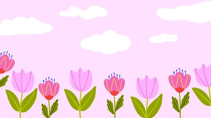 Botanical drawing kids landscape with pink tulips, sky with fluffy clouds
