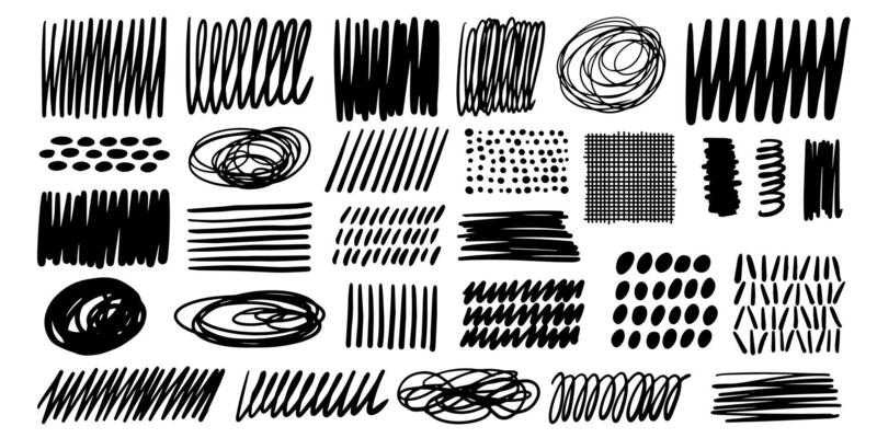 Hand drawn black ink hatching, squiggle texture vector collection