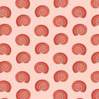 Seamless pattern of red snail sea shells on color background vector