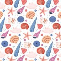 Seamless pattern of sea shells clam, starfish on a white background vector