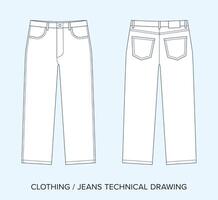 Denim Trousers with Pockets, Technical Drawing, Apparel Blueprint for Fashion Designers vector