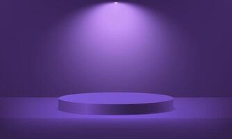 Purple cylinder pedestal podium. 3d podium minimal abstract background. Template mock up for display of product, Business backdrop. Empty room with light effect. Vector illustration.