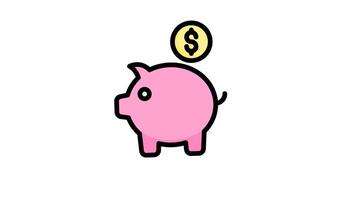 cerdito banco icono animación en plano línea estilo en blanco antecedentes video