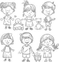 ai generado bien mano dibujo linda niños conjunto garabatear estilo ilustración negro color solamente vector