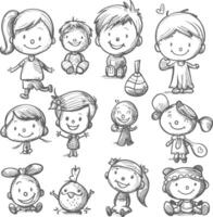 AI generated well hand drawing cute kids set doodle style illustration black color only vector