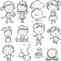 AI generated well hand drawing cute kids set doodle style illustration black color only vector