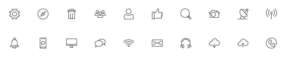 Contact us and communication thin line icons set. Simple linear illustrations that suitable for apps, infographics, books, online shops and stores vector