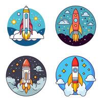 Spaceship Vivid Flat Illustrations Collection. Perfect for different cards, textile, web sites, apps vector