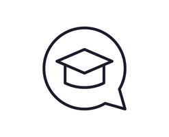 Education concept. Trendy sign for apps, UI, web sites, adverts, shops. Editable stroke. Vector line icon of academic square cap inside of a speech bubble