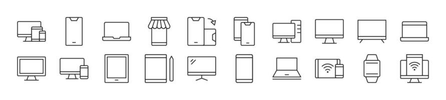 Collection of outline symbol of computers, phones, laptops. Editable stroke. Simple linear illustration for stores, shops, banners, design vector