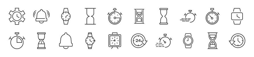 Pack of linear symbols of clock. Editable stroke. Linear symbol for web sites, newspapers, articles book vector