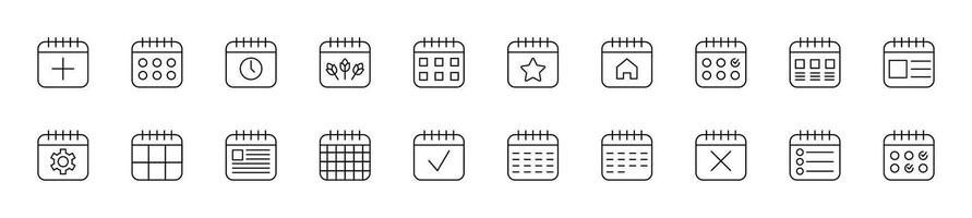 Calendar with Icons Vector Pictograms Drawn with Thin Line. Editable stroke. Simple linear illustration for web sites, newspapers, articles book