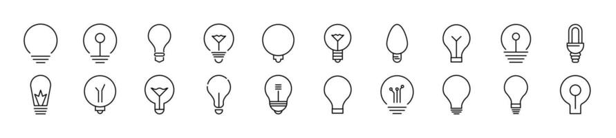 Set of vector outline symbols of light bulbs. Editable stroke. Line icon for web sites, newspapers, articles book