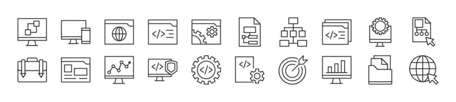 Bundle of linear symbols of programming. Editable stroke. Linear symbol for web sites, newspapers, articles book vector