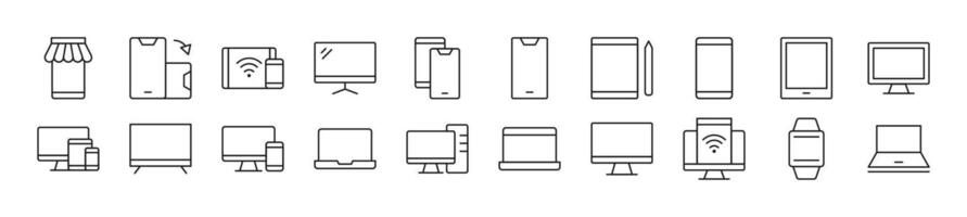 Set of thin line icons of computers, phones, laptops. Editable stroke. Simple linear illustration for web sites, newspapers, articles book vector