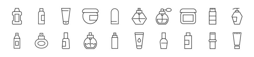 Collection of thin signs of cosmetic bottles. Editable stroke. Simple linear illustration for stores, shops, banners, design vector