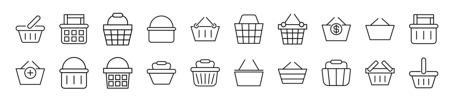Pack of linear symbols of shopping baskets. Editable stroke. Linear symbol for web sites, newspapers, articles book vector