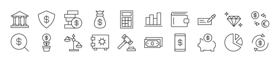 Pack of linear symbols of banking. Editable stroke. Linear symbol for web sites, newspapers, articles book vector