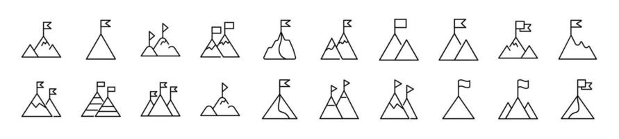 Pack of linear symbols of mountain with flag on top. Editable stroke. Linear symbol for web sites, newspapers, articles book vector