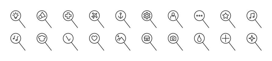 Collection of outline symbol of items in magnifying glass. Editable stroke. Simple linear illustration for stores, shops, banners, design vector