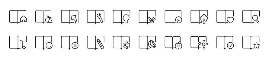 Set of line icons of books with various items. Editable stroke. Simple outline sign for web sites, newspapers, articles book vector