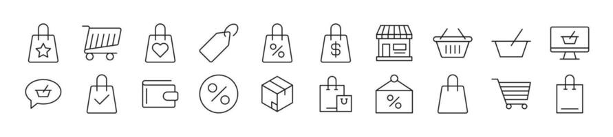 Pack of line icons of shop. Editable stroke. Simple outline sign for web sites, newspapers, articles book vector