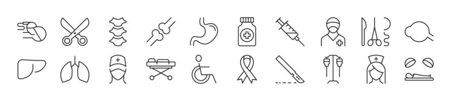 Collection of thin signs of surgeon. Editable stroke. Simple linear illustration for stores, shops, banners, design vector