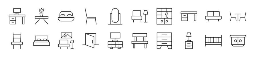 Set of vector outline symbols of sofa, table, bed and other furniture. Editable stroke. Line icon for web sites, newspapers, articles book