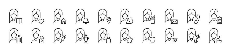 Pack of line icons of female user by items. Editable stroke. Simple outline sign for web sites, newspapers, articles book vector