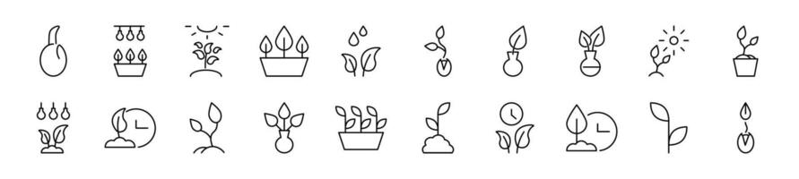 Set of vector outline symbols of gardening. Editable stroke. Line icon for web sites, newspapers, articles book