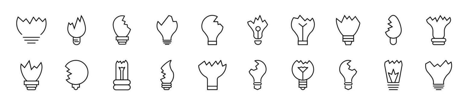Set of line icons of broken lamps. Editable stroke. Simple outline sign for web sites, newspapers, articles book vector