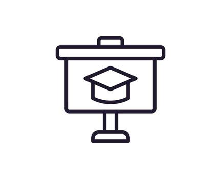 Education concept. Trendy sign for apps, UI, web sites, adverts, shops. Editable stroke. Vector line icon of academic square cap on presentation board