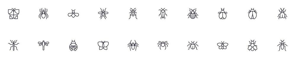 Bugs vector symbols drawn with black thin line. Editable stroke. Simple linear illustration that can be used as a design element for apps and websites