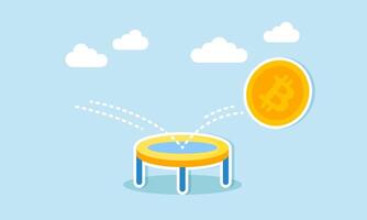 Bitcoin price bounces back, cryptocurrency rebounds after downturn, concept of Golden Bitcoin rebounds, bouncing on trampoline, rising on price graph vector