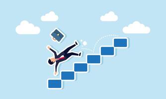 Business risk, mistake, challenge, difficulty, accident leading to bankruptcy, concept of Unlucky businessman falls downstairs during economic crisis or career setback vector