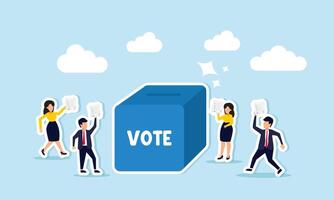 Participating in voting, polls, or employee feedback surveys expressing opinions or preferences in politics, elections, surveys, concept of Diverse voters marking ballots and dropping them in a box vector