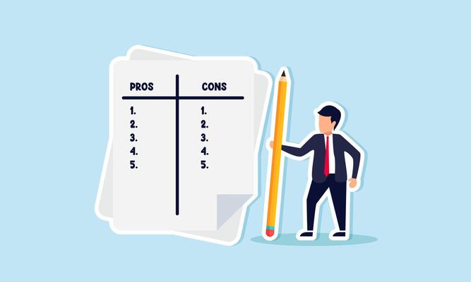 Weighing business options, analyzing pros and cons, concept of Careful consideration businessman lists business pros and cons
