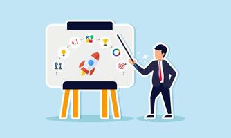 Crafting a marketing blueprint involves strategizing product launches, innovating plans, advertising, and data analysis, concept of The businessman outlines the marketing strategy on a whiteboard vector