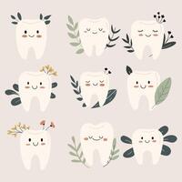 Teeth with Leaves Vector Isolated Flat Illustrations Collection. Perfect for different cards, textile, web sites, apps