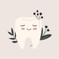 Tooth with Leaves and Flowers Colourful Vector Flat Illustration. Perfect for different cards, textile, web sites, apps