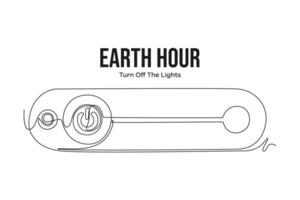 Continuous one line drawing earth hour day concept. Doodle vector illustration.